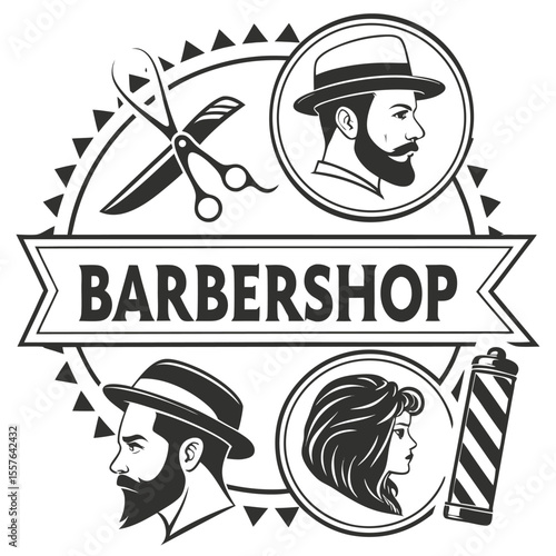 Barbershop logo vector illustration with scissors and razors
