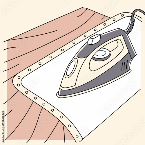 Ironing a pink fabric with a grey and cream iron on a white surface vector