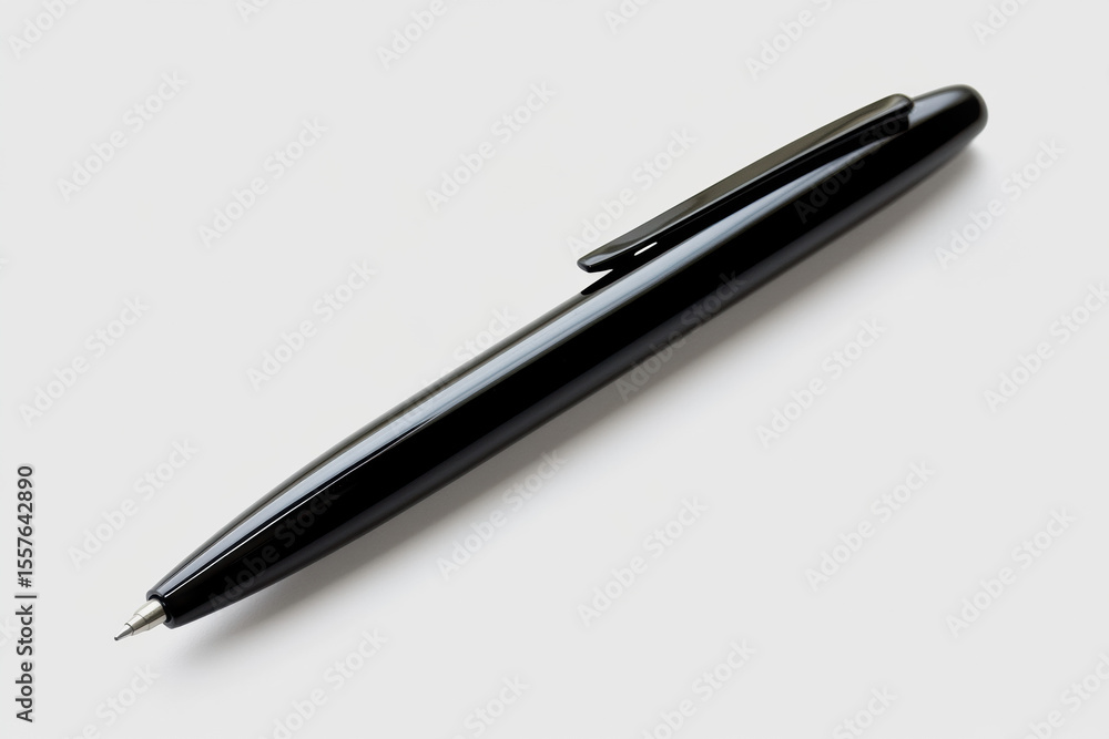 Single black pen with a smooth barrel, lying horizontally on a clean white surface. Single black pen with a smooth barrel, lying horizontally on a clean white surface.