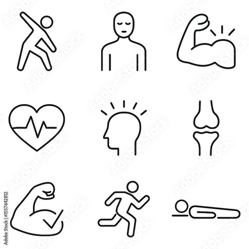  Collection of simple line art icons representing health fitness and wellness concepts for medical and sports themes