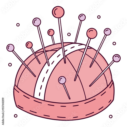 Pink pincushion with assorted pins and small circles sewing craft