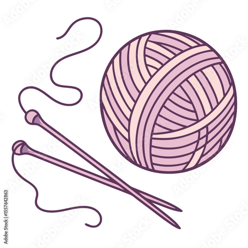 Purple yarn ball with knitting needles craft