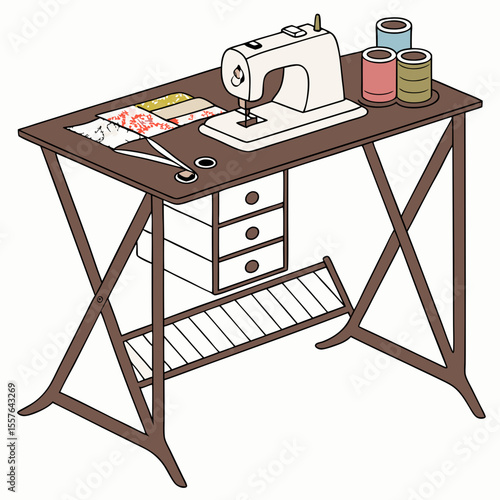 Sewing machine on a folding table with fabric and thread scissors