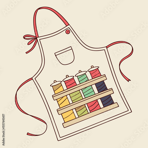 Apron with colorful thread spools and pocket sewing craft