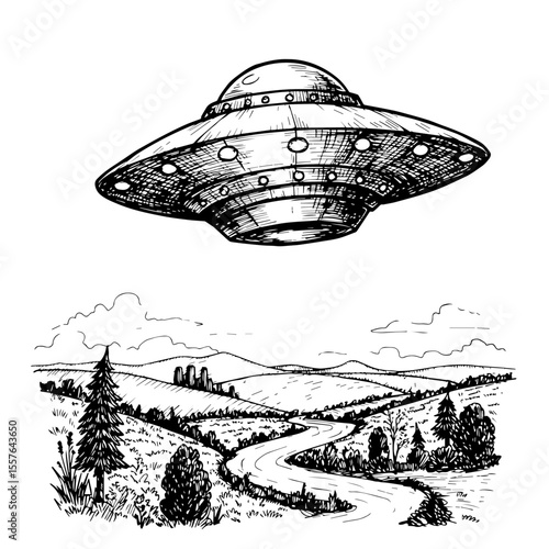 Hand drawn UFO illustration above rural landscape. Mysterious UFO illustration, classic saucer, floats over hills, road. Ideal UFO illustration for World UFO Day, sci fi, alien themes.
