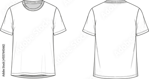 Unisex Basic Crew Neck T-Shirt Tee Top Flat Fashion Sketch Technical Drawing Apparel Design Template Front and Back View White Background, cad drawing flat vector illustration
