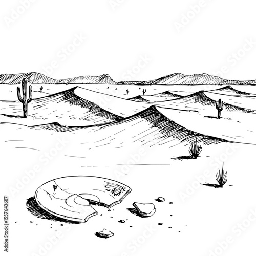 Monochrome sketch depicting crashed UFO wreckage in desolate desert, with broken flying saucer pieces on sand. This crashed UFO scene shows saguaro cacti, dunes, and distant mountains.