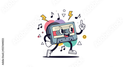 Retro Cassette Tape Character Dancing with Musical Notes and Geometric Shapes
