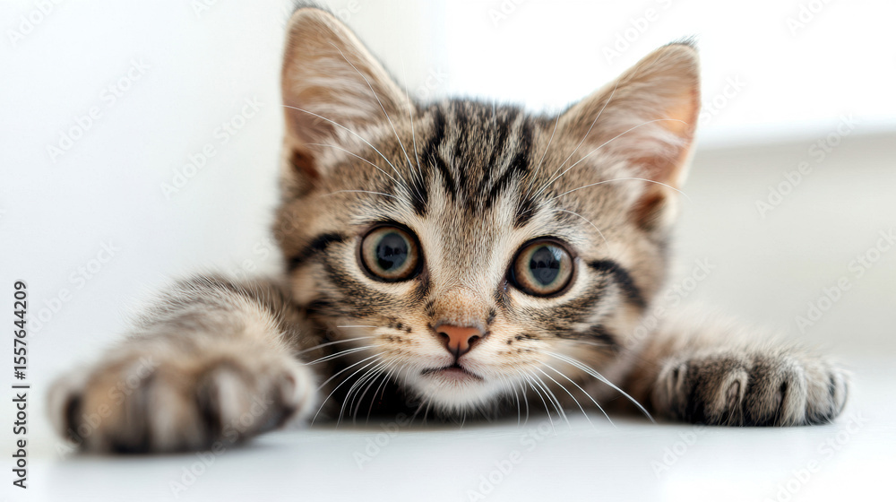 Small kitten with wide eyes, playfully reaching for a toy, isolated on a bright, simple background. Small kitten with wide eyes, playfully reaching for a toy, isolated on a bright, simple background.