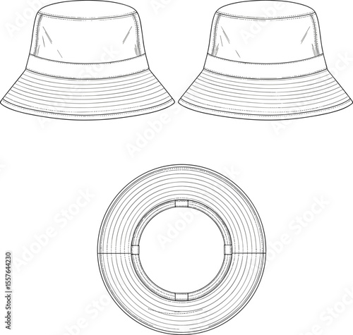 Unisex Bucket Hat Reversible Summer Hat Sun Protection Flat Fashion Sketch Technical Drawing Accessories Design Template Front Side Top Views, cad drawing flat vector illustration
