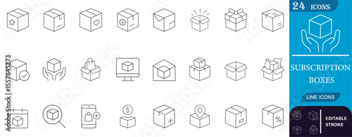 Curated subscription box line icons, delivery, gifts, e-commerce, and product packaging. Ideal for web, apps, and digital projects. Editable stroke.