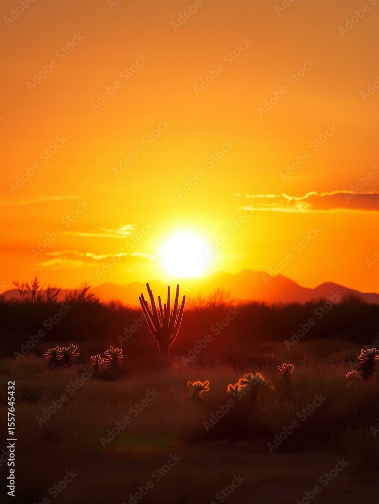 Obraz premium Photograph of a beautiful sunset in a desert landscape. the sky is a warm orange color with the sun setting in the background, creating a warm glow that illuminates the horizon.