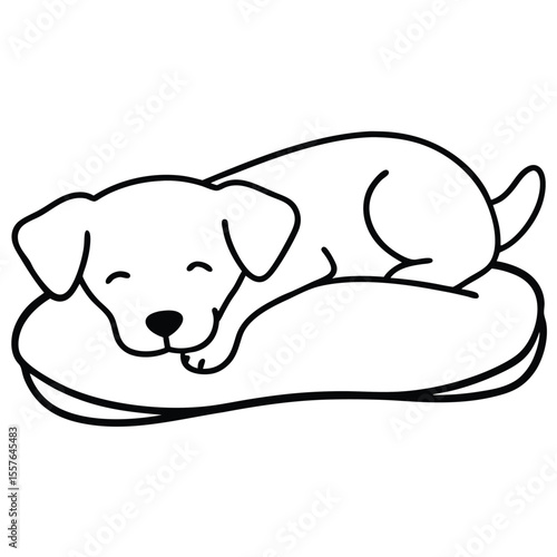 Cute cartoon puppy sleeping peacefully on a soft cushion in simple line art style