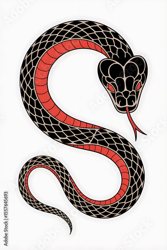 Intricate black snake with red accents, coiled and alert.
