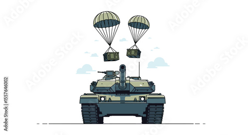 Military tank receives airborne supply drops from parachutes during combat operations