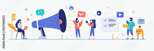 Flat vector illustration of diverse people using giant megaphone and digital devices for social media marketing, communication, messaging, and content sharing in minimalist style