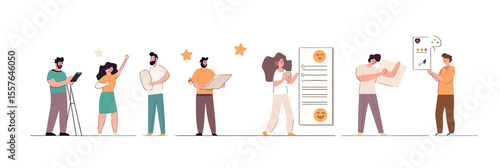 Diverse group people giving five star feedback rating filling out survey forms and choosing customer satisfaction emojis in flat vector style