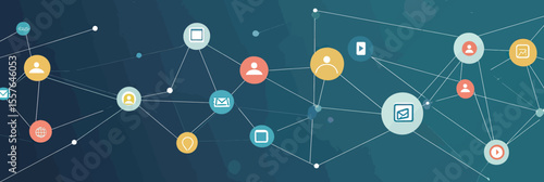 Abstract social network connection banner with colorful user icons, communication symbols, and network nodes on blue background in flat minimalist vector style