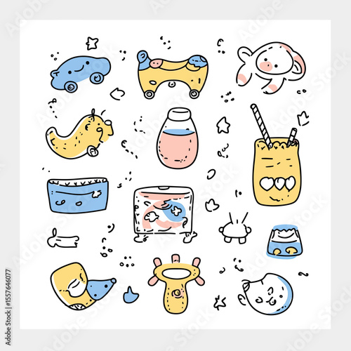 Hand drawn baby toys rattle bottle cup and clothes doodle sketch vector illustration for kids store business card design template with pastel colors and minimalist style