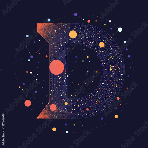 Abstract letter D composed of celestial bodies and star constellations with planets and cosmic dots on dark background in flat vector style for space and science concept