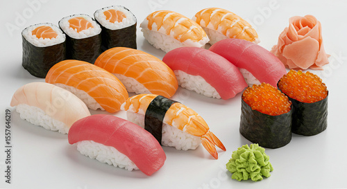 Sushi Platter Isolated on White, Salmon Tuna Avocado Rolls Nigiri, Wasabi Ginger, Japanese Food Photography