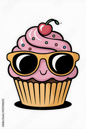A cupcake wearing sunglasses, cheerful and cool.
