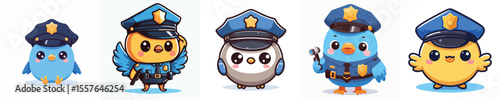cute bird dressed as police icon set
