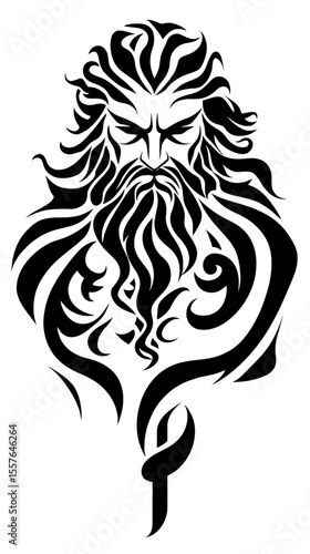 Abstract tribal tattoo design of powerful bearded man with flowing hair and intense expression in minimalist black and white vector style