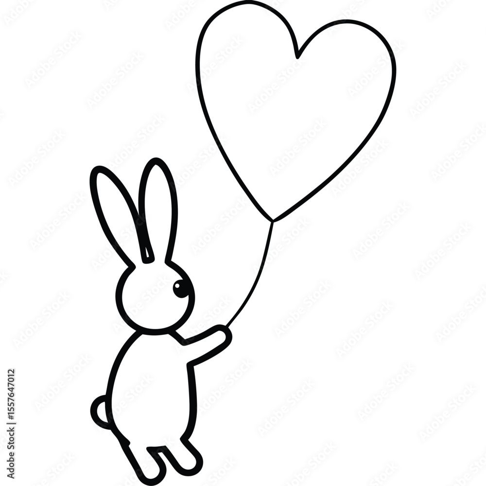 Obraz premium Cute cartoon bunny holding a heart shaped balloon with a simple outline drawing