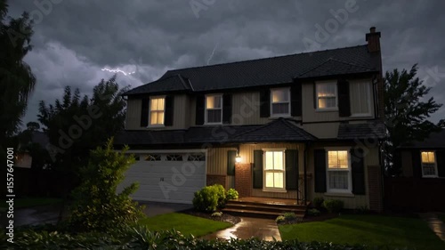 Stormy night with lightning illuminating dark clouds over quiet suburban neighborhood
