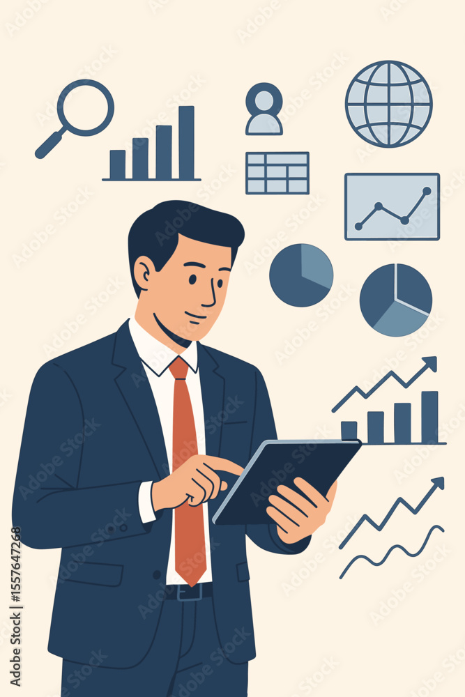 Businessman analyzing data on tablet. Business intelligence and corporate strategy concept with financial charts, graphs, and customer database. Data science and market analytics. Businessman analyzing data on tablet. Business intelligence and corporate strategy concept with financial charts, graphs, and customer database. Data science and market analytics.