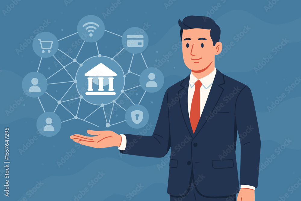 Businessman presenting open banking technology. FinTech concept with financial services network. Digital platform for secure online payment, e-commerce, and customer accounts vector. Businessman presenting open banking technology. FinTech concept with financial services network. Digital platform for secure online payment, e-commerce, and customer accounts vector.