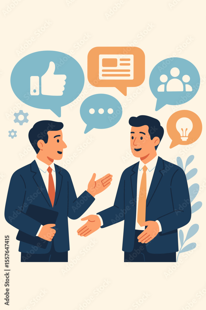 Business communication concept. Two businessmen discussing social network, news, and new project ideas. Dialogue between colleagues with speech bubbles, chat, and feedback. Flat vector. Business communication concept. Two businessmen discussing social network, news, and new project ideas. Dialogue between colleagues with speech bubbles, chat, and feedback. Flat vector.