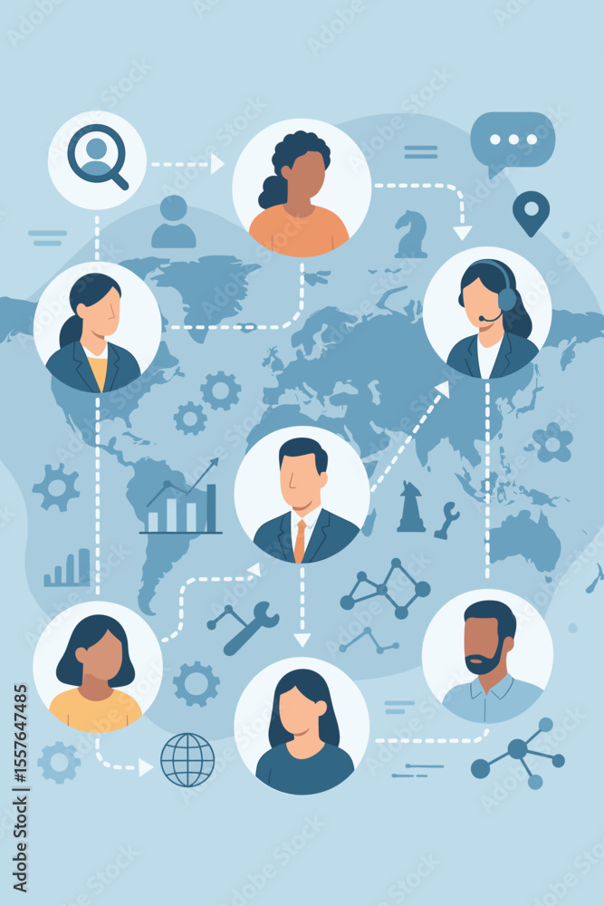 Global business networking vector concept showing a diverse team. HR recruitment, customer service, and data analysis flowchart. International teamwork and remote outsourcing strategy. Global business networking vector concept showing a diverse team. HR recruitment, customer service, and data analysis flowchart. International teamwork and remote outsourcing strategy.