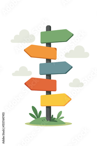 Direction signpost with colorful arrows pointing different ways. Concept of choice, decision, opportunity, and finding a path. Crossroads, destination, travel, and journey metaphor. Vector.