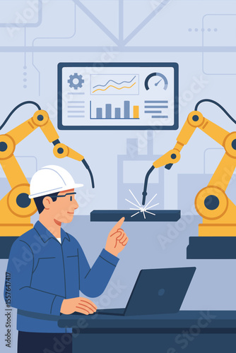 Engineer controls welding robotic arms with a laptop in a smart factory. Industry 4.0 automation concept, AI monitoring system, and intelligent manufacturing for the automotive industry.