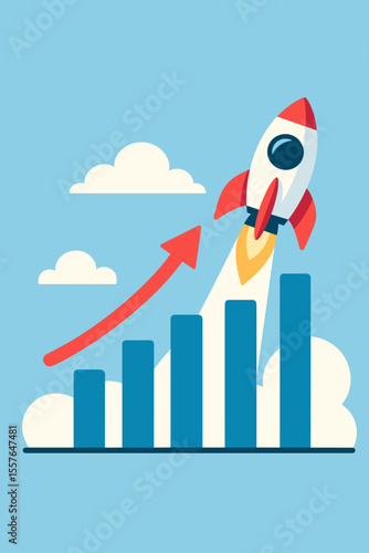 Rocket launching from a growth chart. Metaphor for business success, rapid financial growth, and startup innovation. Upward arrow shows progress, profit, and achievement. Vector.