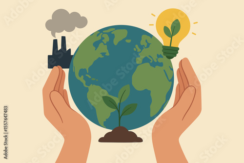 Hands protecting planet Earth from industrial pollution. Concept of green energy, sustainability, and conservation. Save the planet on Earth Day. Modern flat vector cartoon illustration.
