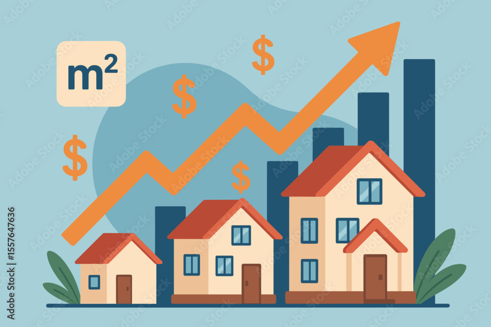 Real estate business concept with rising house prices. Property market growth and home value appreciation vector illustration. Financial investment chart with arrow up. Modern cartoon. Real estate business concept with rising house prices. Property market growth and home value appreciation vector illustration. Financial investment chart with arrow up. Modern cartoon.