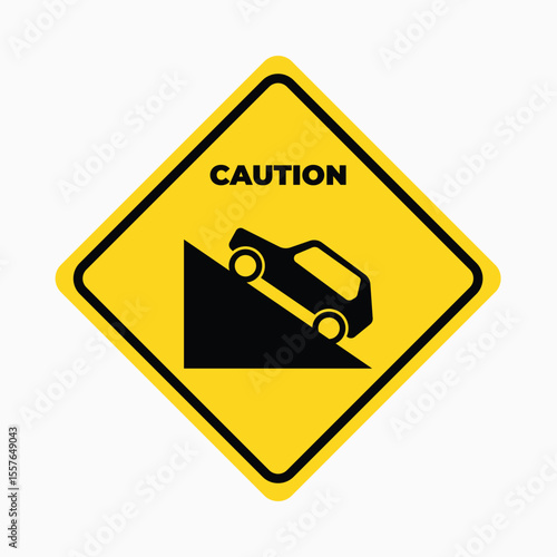 Caution: Steep Slope Ahead: A cautionary sign displaying a car descending a steep slope, symbolizing the dangers of a sharp descent, isolated against a simple backdrop.