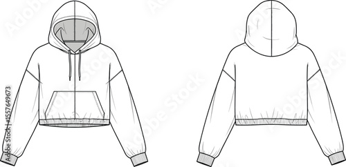 Women's Cropped Hoodie Sweatshirt Pullover Flat Fashion Sketch Technical Drawing Apparel Design Template Front and Back View White Background, cad drawing flat vector illustration