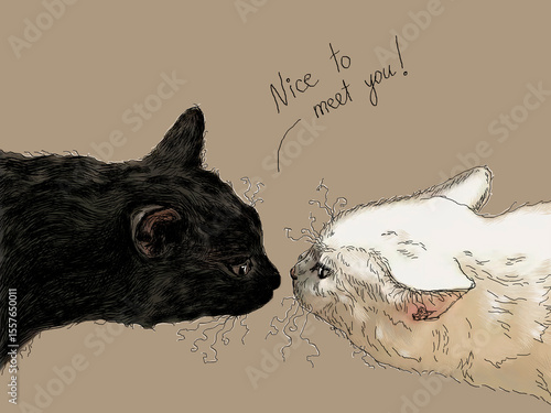 Black cat meets female white cat, funny hand drawn illustration. Yin and yang, balance. Pet finds friends, cat meets other pets. First meeting