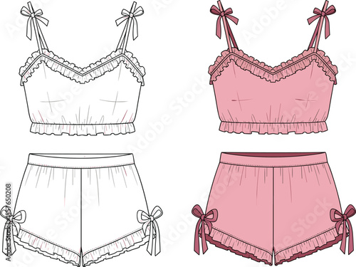 Women's Cute Lingerie Pajama Set with Tie Straps and Bow Shorts Flat Fashion Sketch Technical Drawing Apparel Design Template Front View White and Color, cad drawing flat vector illustration