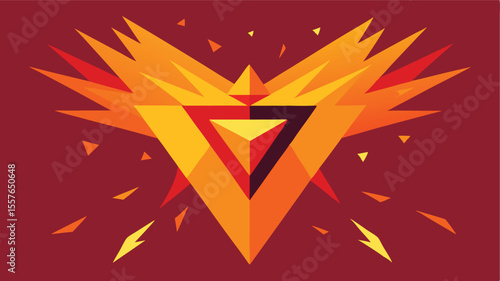 Geometric abstract phoenix design with warm color palette and bursting triangle elements