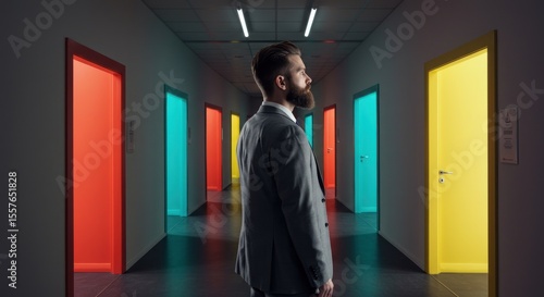 Wallpaper Mural A pensive businessman contemplates choices, standing before a hallway of colorful doors. Torontodigital.ca