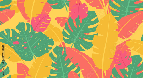 Vibrant Tropical Foliage Pattern with Monstera Banana and Palm Leaves.