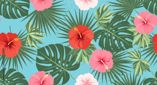 Vibrant Tropical Pattern with Hibiscus Flowers and Lush Green Palm Leaves.
