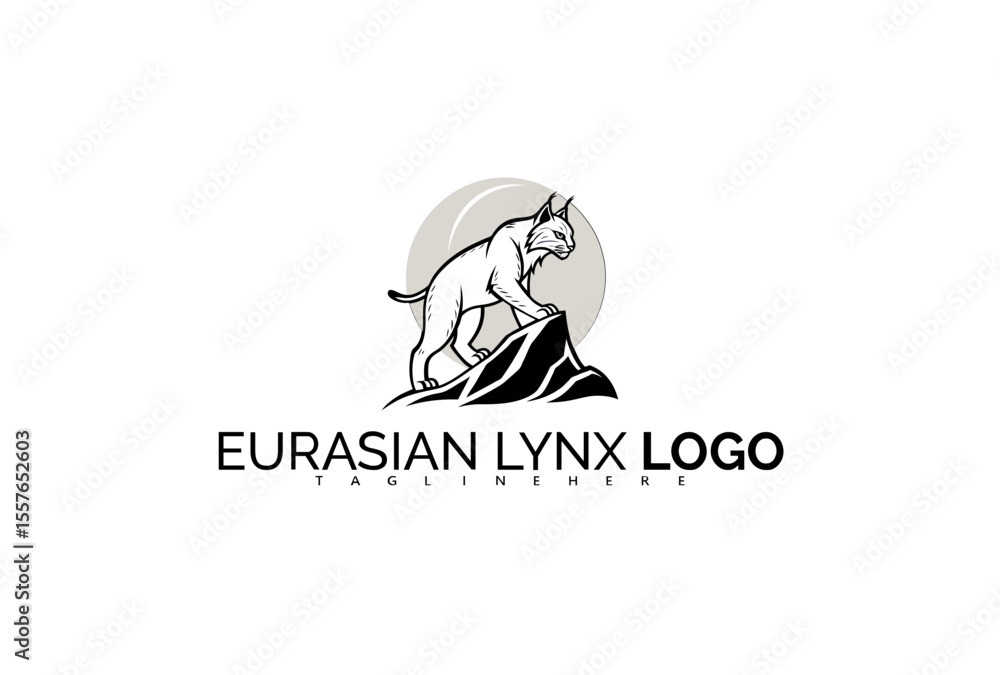Fototapeta premium Elegant Eurasian Lynx Logo Design with Mountain Reflection in Water. Perfect for Eco Lodging Branding, National Lake Park Identity, and Calm Nature-Inspired Products.