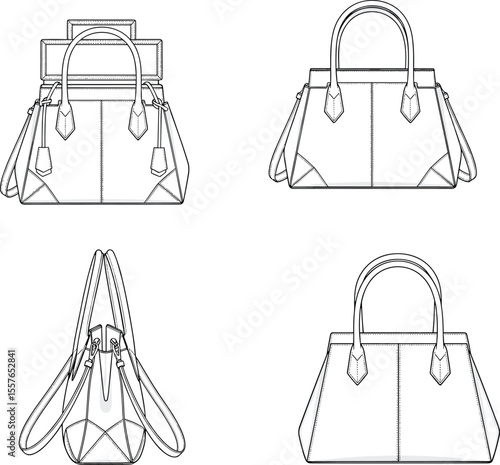 Women's Structured Top Handle Bag with D-ring Detail Flat Fashion Sketch Technical Drawing Accessories Design Template Multiple Views, cad drawing flat vector illustration