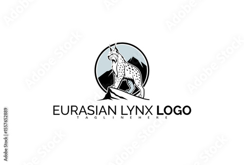 Powerful Eurasian Lynx Logo Design Featuring Wildcat in Dynamic Leap Over Cliff. Perfect for Wilderness Gear Branding, Nature Expedition Identity, and Bold Forest-Themed Logos.

